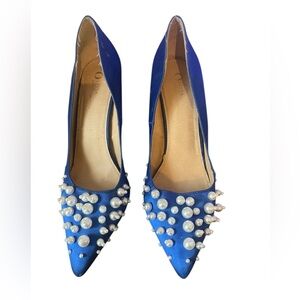 Blue Satin Pearl-Embellished Women's Heels